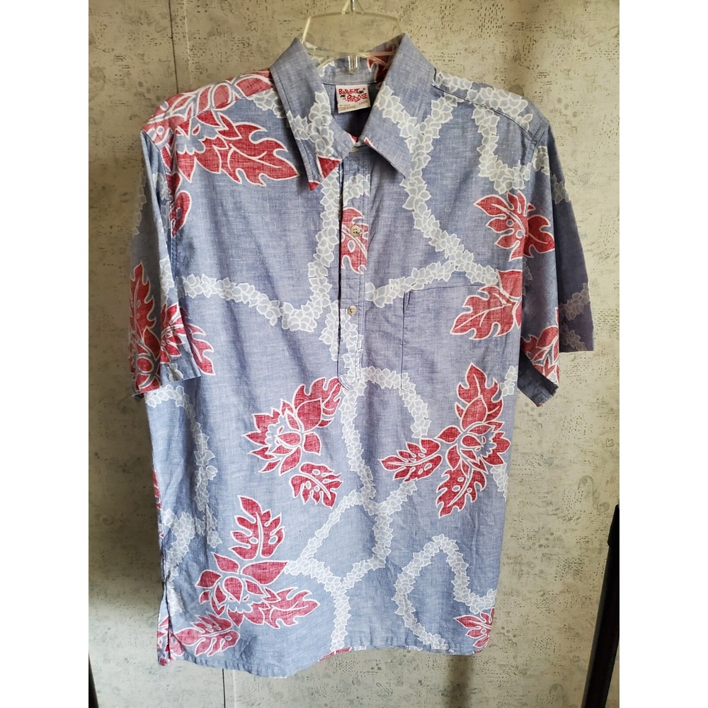 Vintage Barefoot in Paradise Red & Blue Floral Hawaiian Shirt Size L Large Pocke
